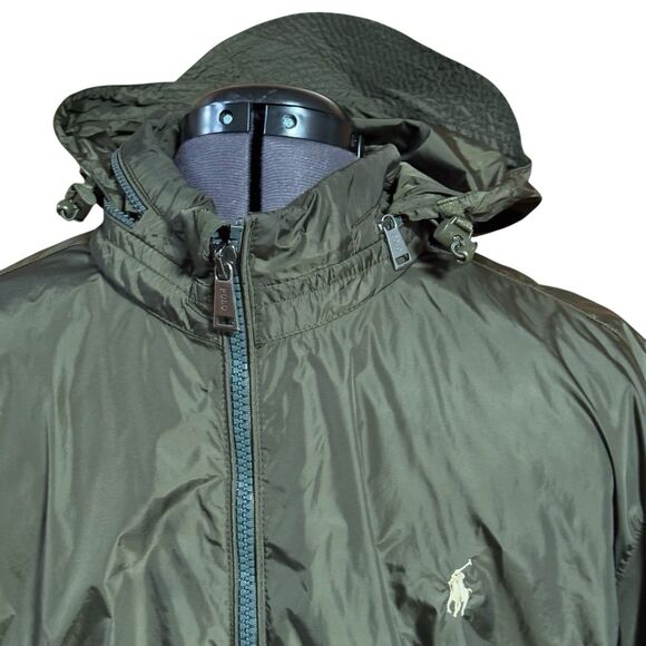 Polo Ralph Lauren Rain Jacket Windbreaker Hideaway Hood Mens XXL Olive Green - Picture 5 of 11